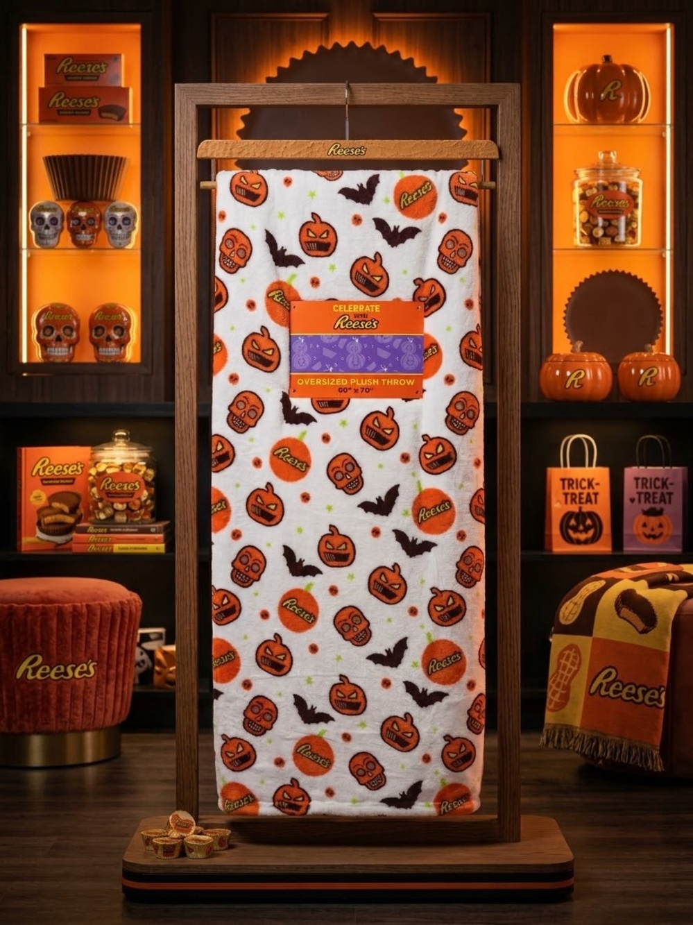 Reese's Halloween Plush Throw - Orange, White, Black 60 x 70
